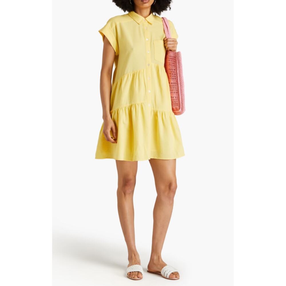 VERONICA BEARD Yellow Harrow Tiered Seersucker Mini Shirt Dress Women's M